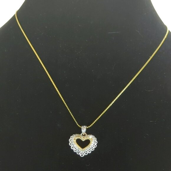 Vintage 925 Sterling Silver Two Toned Open Heart Shaped Pendant Necklace - Picture 1 of 6